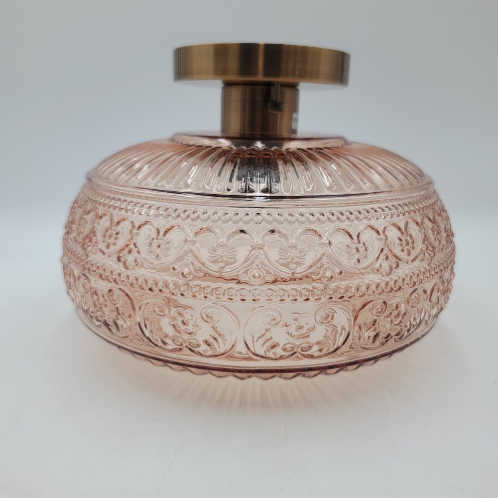Vintage Style Pink Pressed Glass Ceiling Light Gold Iron Semi Flush Mount 11in